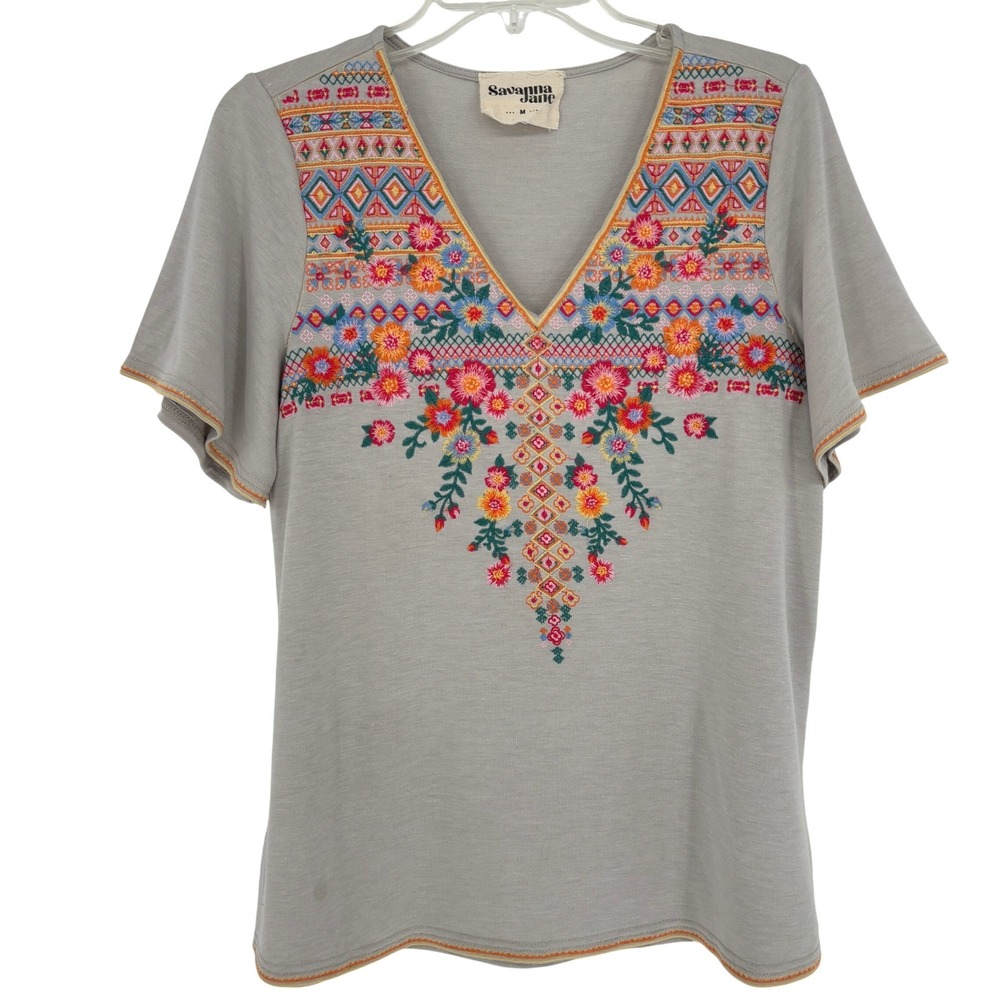 Savanna Jane Boho Folk Embroidered Floral V Neck Tee Artsy Casual Womens M